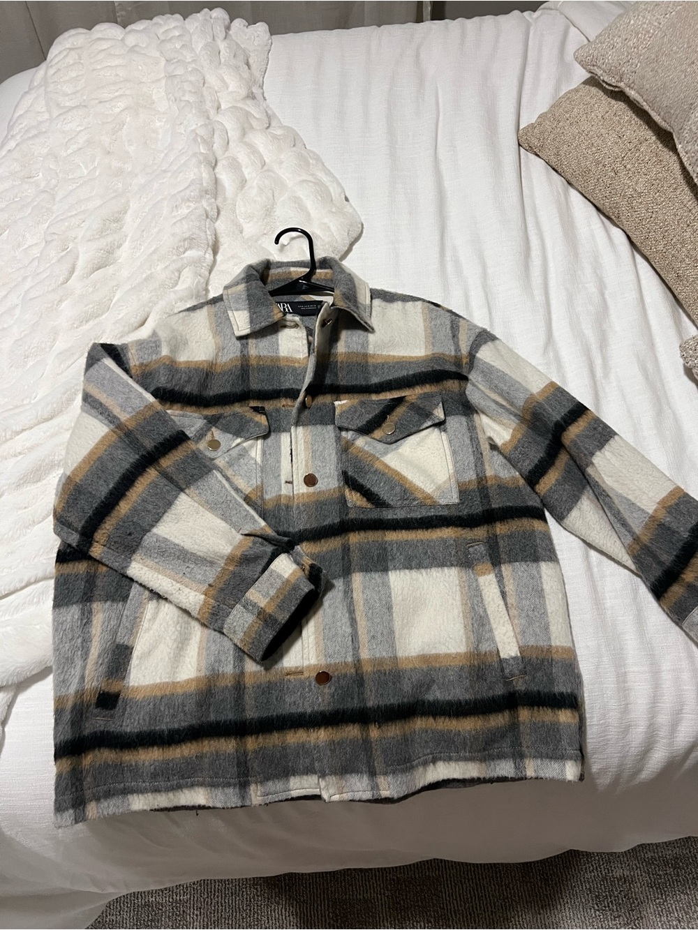 Zara Kids Plaid Jacket in Cream, Gray & Black with Tan Accents